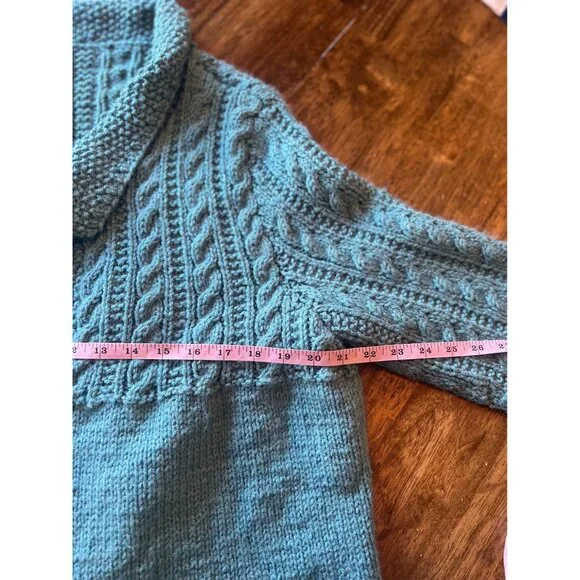 Handmade Blue Cable Knit Bell Sleeve Cardigan Sweater Size Medium - Picture 7 of 10